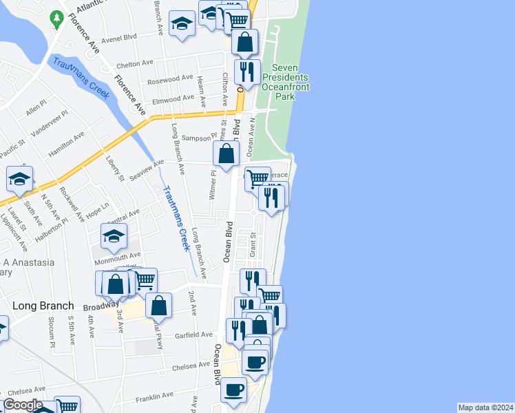 map of restaurants, bars, coffee shops, grocery stores, and more near 48 Marine Terrace in Long Branch