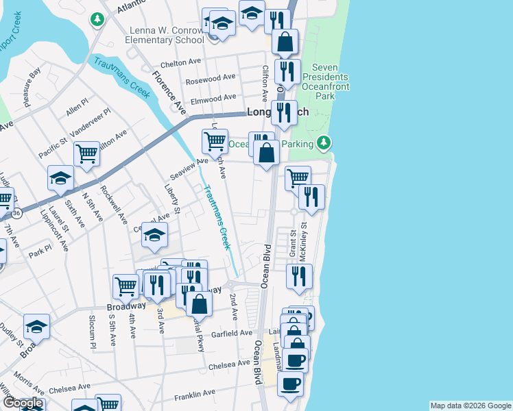 map of restaurants, bars, coffee shops, grocery stores, and more near 121 Witmer Place in Long Branch