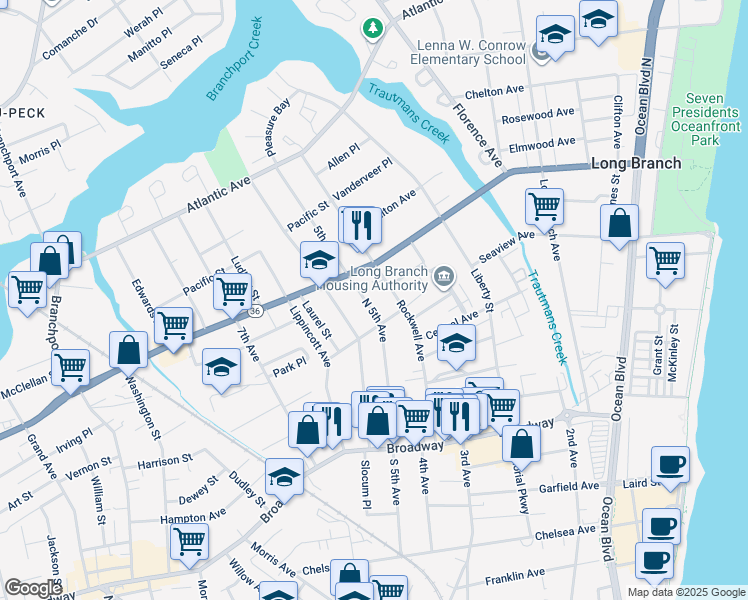 map of restaurants, bars, coffee shops, grocery stores, and more near 302 Joline Avenue in Long Branch