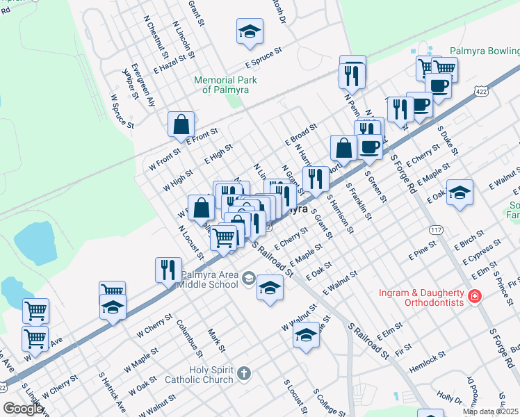 map of restaurants, bars, coffee shops, grocery stores, and more near 37 North Lincoln Street in Palmyra