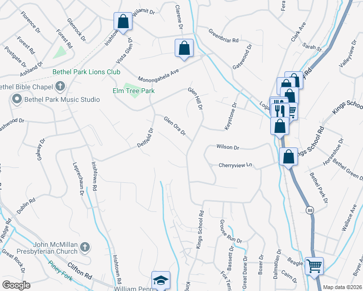 map of restaurants, bars, coffee shops, grocery stores, and more near 5767 Glen Ora Drive in Bethel Park