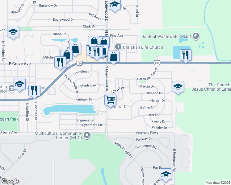 map of restaurants, bars, coffee shops, grocery stores, and more near 252 Keystone Drive in Rantoul