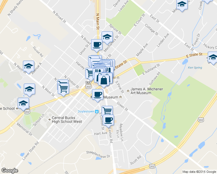 map of restaurants, bars, coffee shops, grocery stores, and more near Taylor Avenue in Doylestown