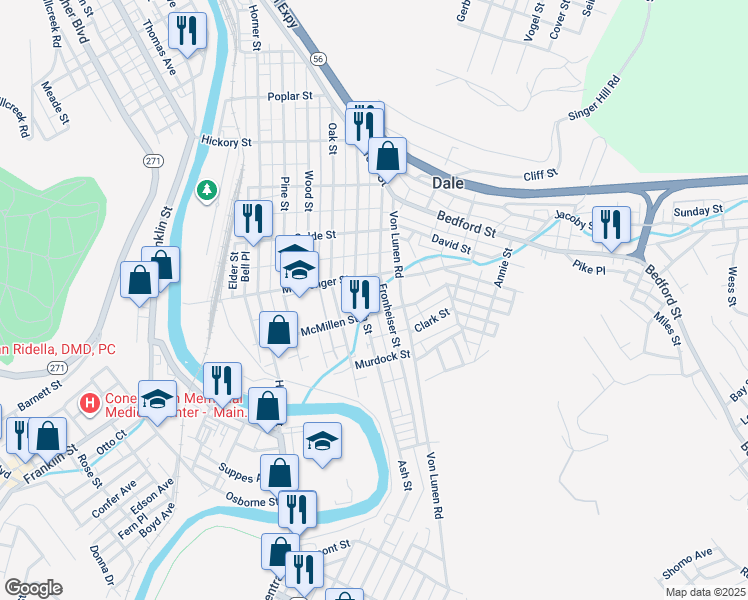 map of restaurants, bars, coffee shops, grocery stores, and more near 723 Ream Alley in Johnstown