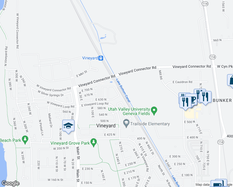 map of restaurants, bars, coffee shops, grocery stores, and more near 659 North 250 East in Vineyard