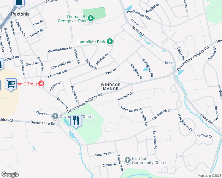 map of restaurants, bars, coffee shops, grocery stores, and more near 5940 Devonshire Heights Road in Harrisburg