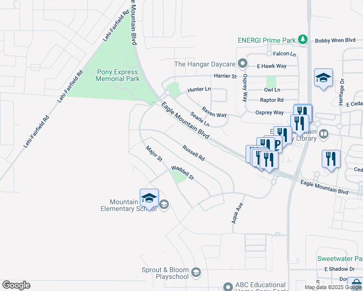 map of restaurants, bars, coffee shops, grocery stores, and more near 1017 Russell Road in Eagle Mountain
