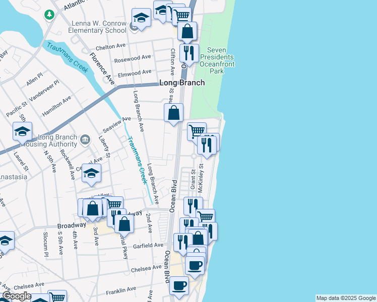 map of restaurants, bars, coffee shops, grocery stores, and more near 33 Cooper Avenue in Long Branch