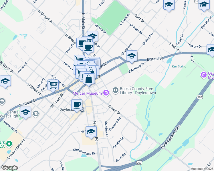 map of restaurants, bars, coffee shops, grocery stores, and more near 110 East Ashland Street in Doylestown