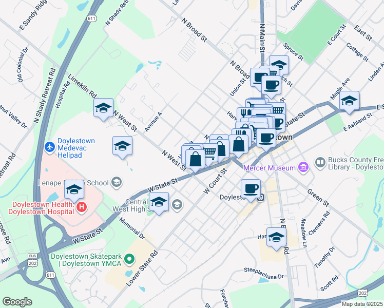 map of restaurants, bars, coffee shops, grocery stores, and more near 199 Decatur Street in Doylestown