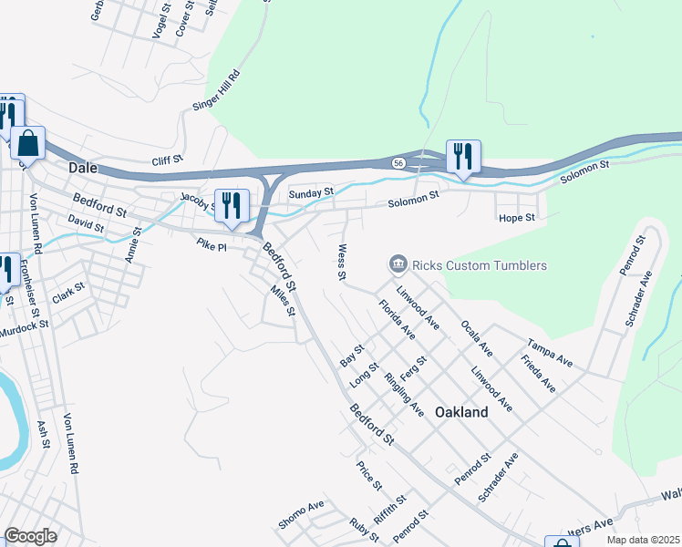 map of restaurants, bars, coffee shops, grocery stores, and more near 152 Wess Street in Johnstown