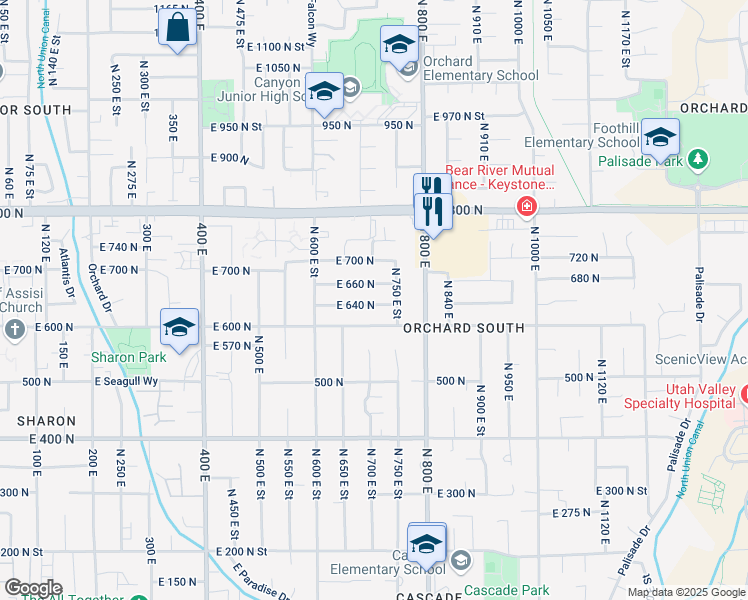 map of restaurants, bars, coffee shops, grocery stores, and more near 721 East 640 North in Orem