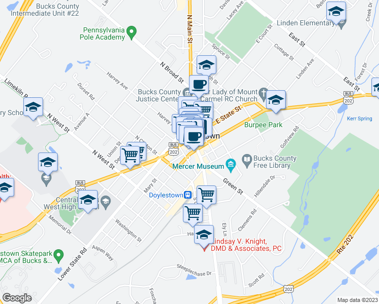 map of restaurants, bars, coffee shops, grocery stores, and more near 15 West Oakland Avenue in Doylestown