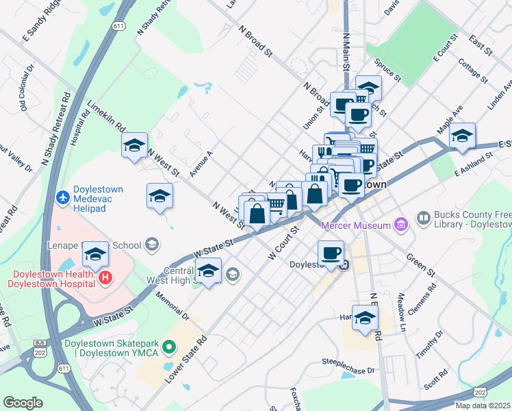 map of restaurants, bars, coffee shops, grocery stores, and more near 193 Decatur Street in Doylestown