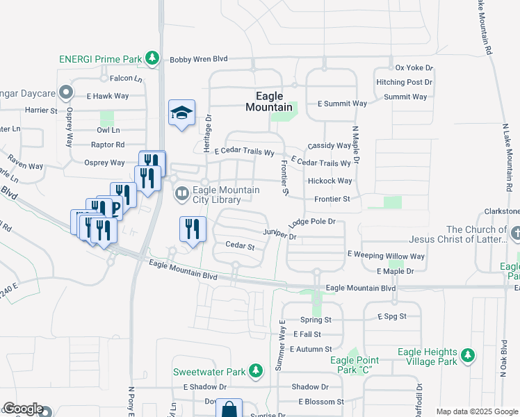 map of restaurants, bars, coffee shops, grocery stores, and more near 1897 East Magnolia Circle in Eagle Mountain