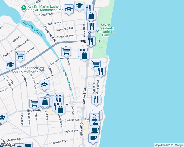 map of restaurants, bars, coffee shops, grocery stores, and more near 33 Cooper Avenue in Long Branch