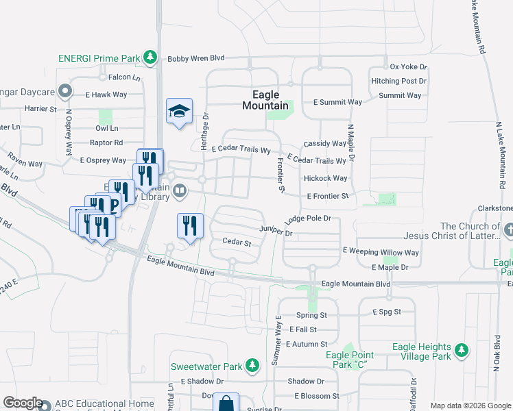 map of restaurants, bars, coffee shops, grocery stores, and more near 1897 East Magnolia Circle in Eagle Mountain