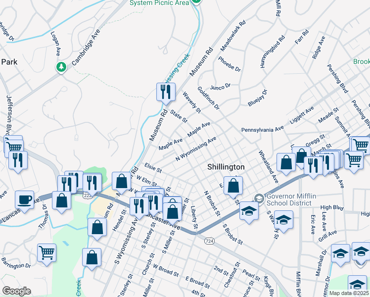 map of restaurants, bars, coffee shops, grocery stores, and more near 511 North Brobst Street in Shillington