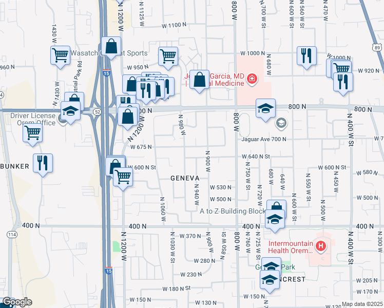 map of restaurants, bars, coffee shops, grocery stores, and more near 954 West 630 North in Orem
