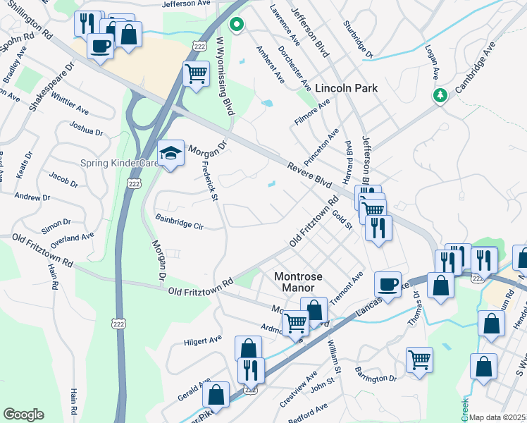 map of restaurants, bars, coffee shops, grocery stores, and more near 100 Springside Drive East in Reading