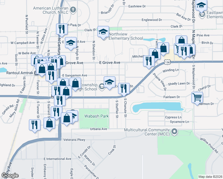map of restaurants, bars, coffee shops, grocery stores, and more near 200 South Sheldon Street in Rantoul