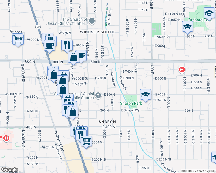 map of restaurants, bars, coffee shops, grocery stores, and more near 107 East 630 North in Orem