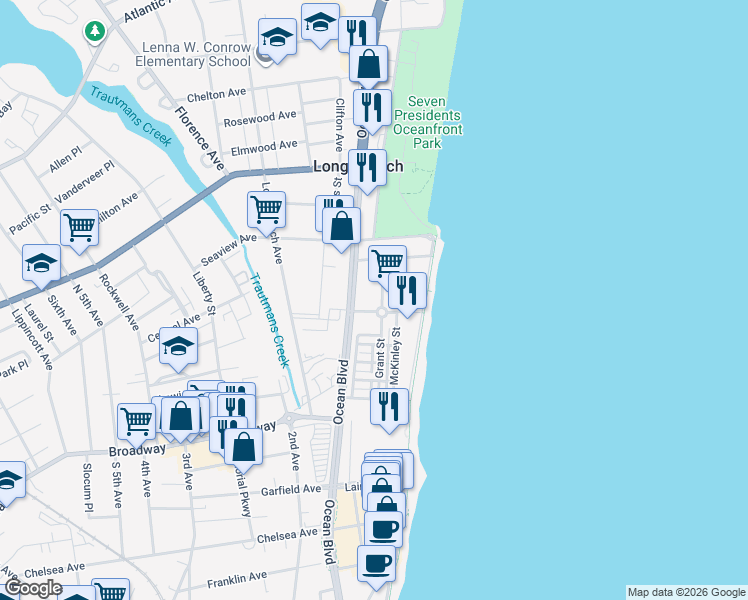 map of restaurants, bars, coffee shops, grocery stores, and more near 43 Ocean Avenue in Long Branch