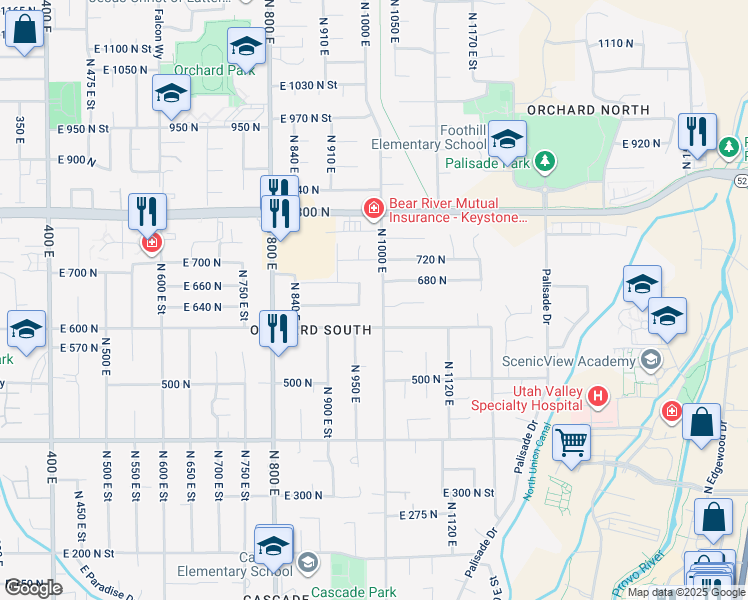 map of restaurants, bars, coffee shops, grocery stores, and more near 677 North 1000 East in Orem