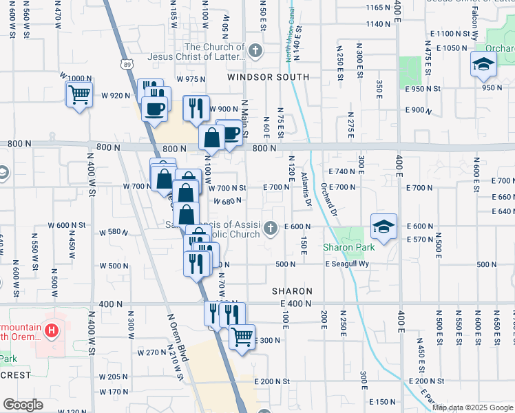 map of restaurants, bars, coffee shops, grocery stores, and more near 692 North Main Street in Orem
