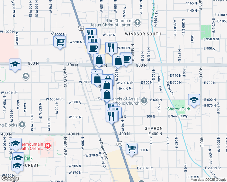 map of restaurants, bars, coffee shops, grocery stores, and more near 657 North 100 West in Orem