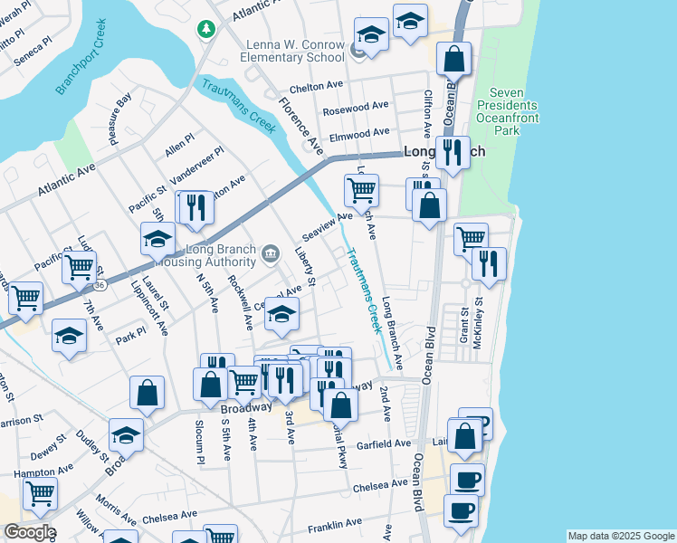 map of restaurants, bars, coffee shops, grocery stores, and more near 16 Ellis Avenue in Long Branch