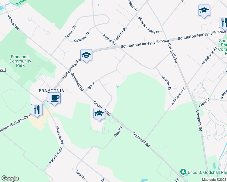 map of restaurants, bars, coffee shops, grocery stores, and more near 461 Homestead Avenue in Souderton