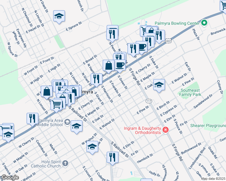 map of restaurants, bars, coffee shops, grocery stores, and more near 428 East Cherry Street in Palmyra