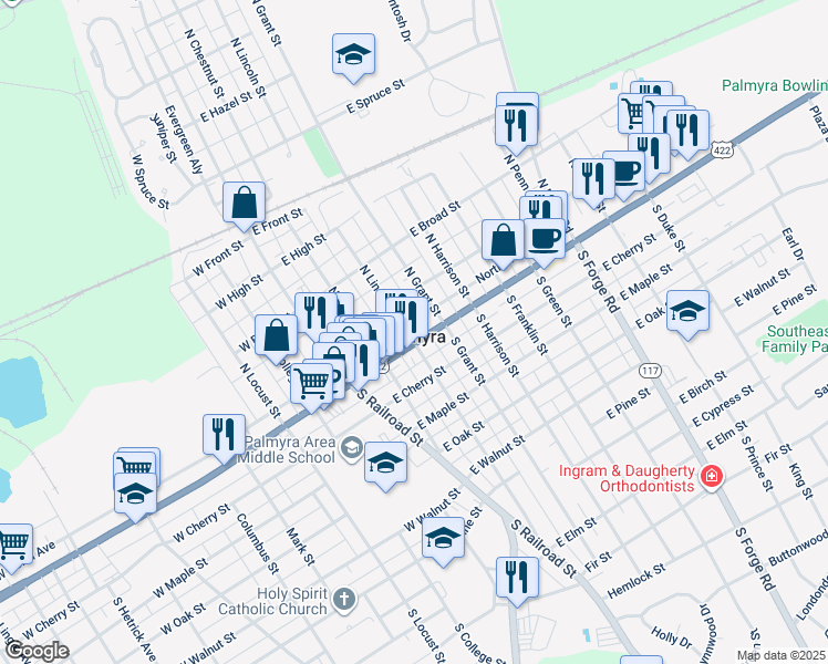 map of restaurants, bars, coffee shops, grocery stores, and more near in Palmyra