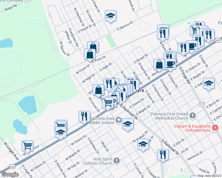 map of restaurants, bars, coffee shops, grocery stores, and more near 152 North Railroad Street in Palmyra