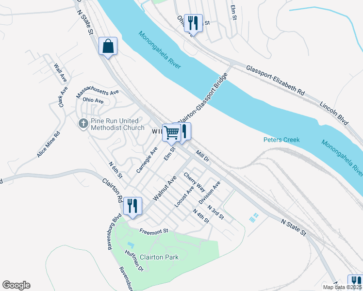 map of restaurants, bars, coffee shops, grocery stores, and more near 534 North State Street in Clairton