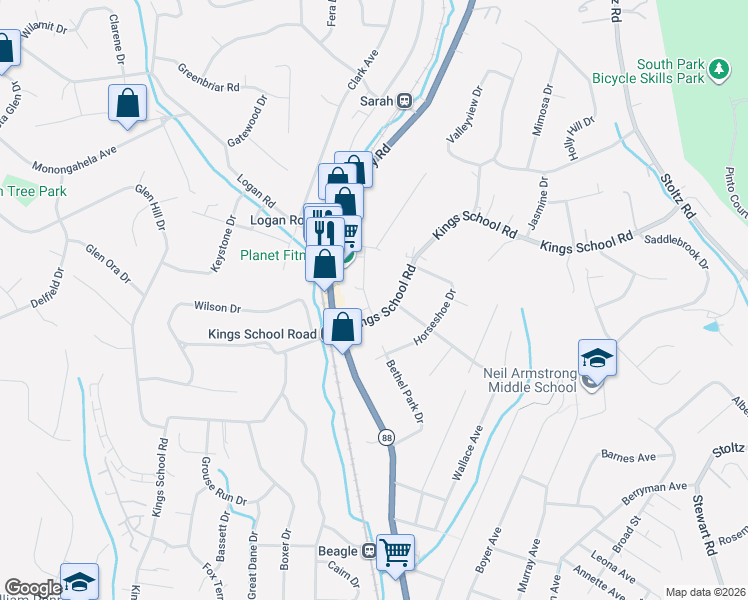 map of restaurants, bars, coffee shops, grocery stores, and more near 5833 Shirley Drive in Bethel Park
