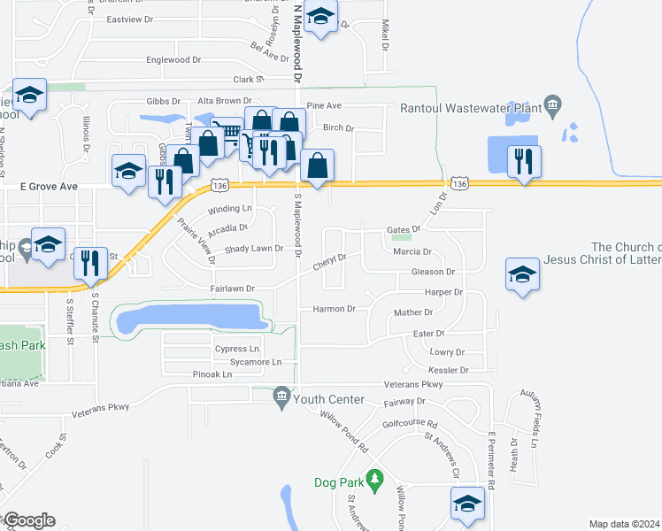 map of restaurants, bars, coffee shops, grocery stores, and more near 252 Keystone Drive in Rantoul