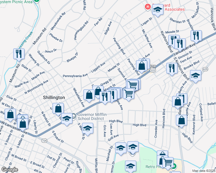 map of restaurants, bars, coffee shops, grocery stores, and more near 533 March Street in Shillington