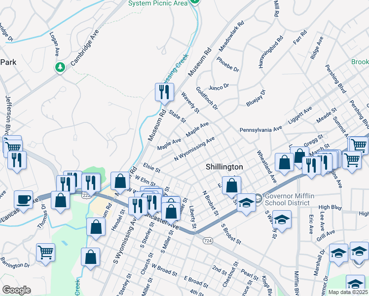 map of restaurants, bars, coffee shops, grocery stores, and more near 511 North Brobst Street in Shillington
