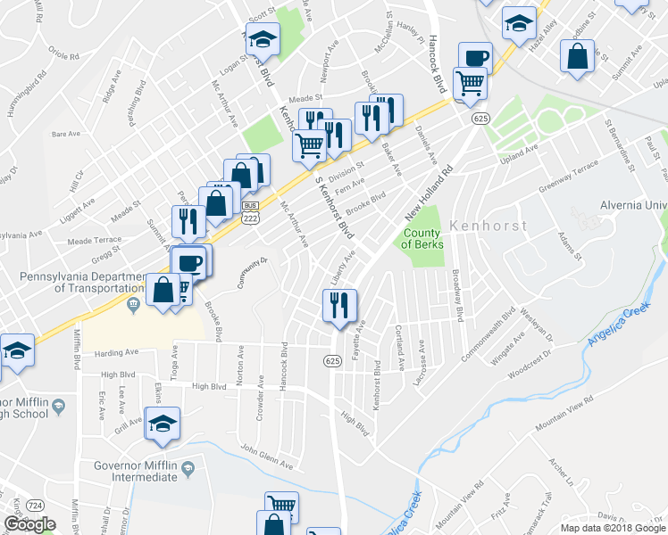 map of restaurants, bars, coffee shops, grocery stores, and more near 1341 Liberty Avenue in Reading