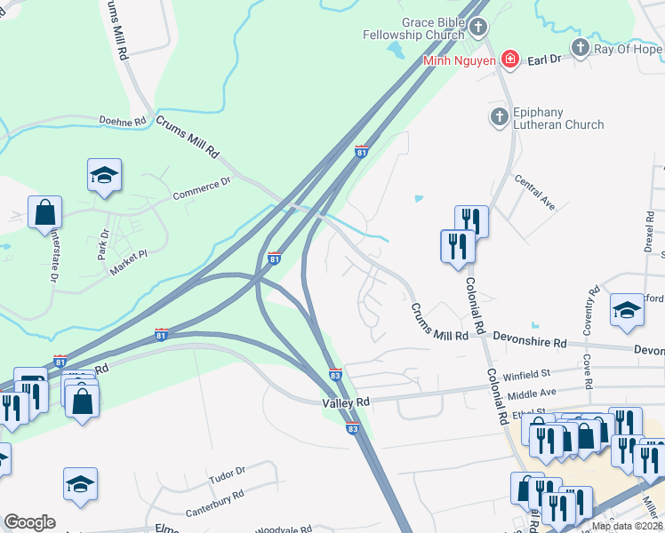 map of restaurants, bars, coffee shops, grocery stores, and more near 2785 Monticello Lane in Harrisburg