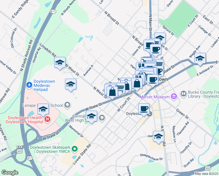 map of restaurants, bars, coffee shops, grocery stores, and more near 199 Decatur Street in Doylestown