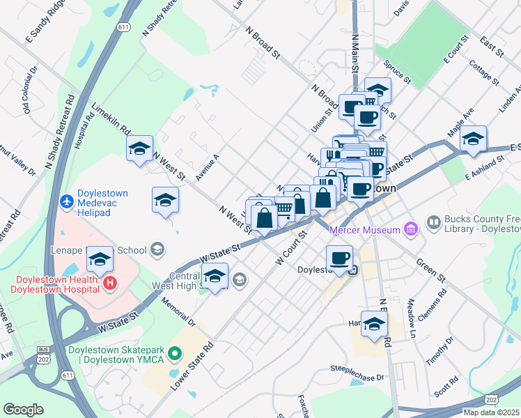map of restaurants, bars, coffee shops, grocery stores, and more near 193 Decatur Street in Doylestown