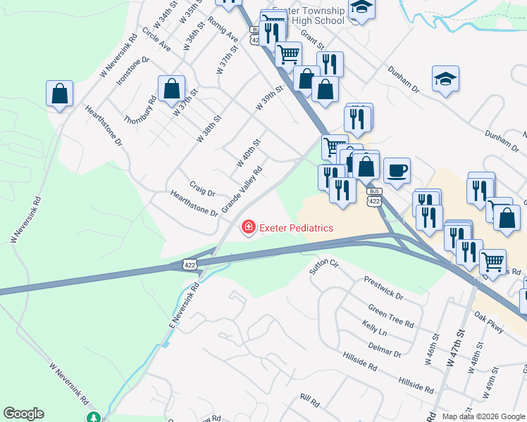 map of restaurants, bars, coffee shops, grocery stores, and more near 5 Hearthstone Court in Reading