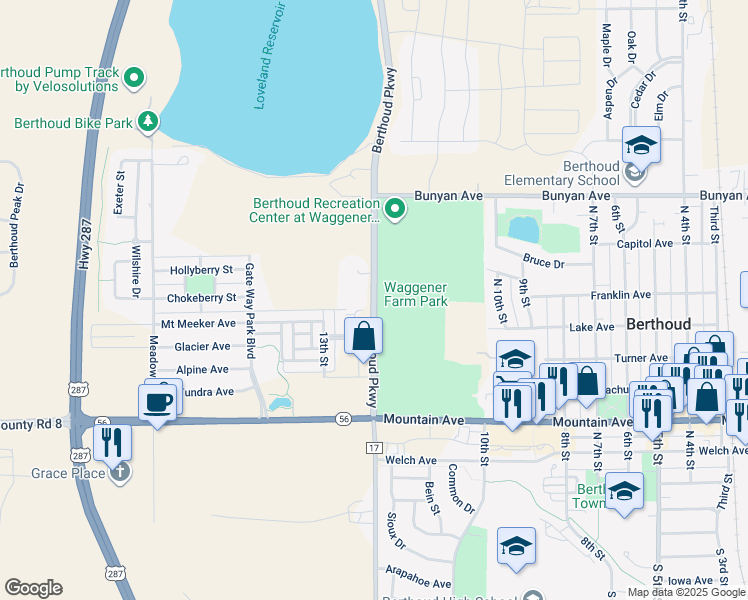 map of restaurants, bars, coffee shops, grocery stores, and more near Berthoud Parkway in Berthoud
