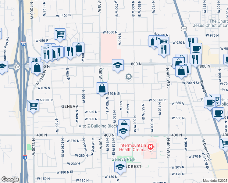 map of restaurants, bars, coffee shops, grocery stores, and more near 670 700 North in Orem