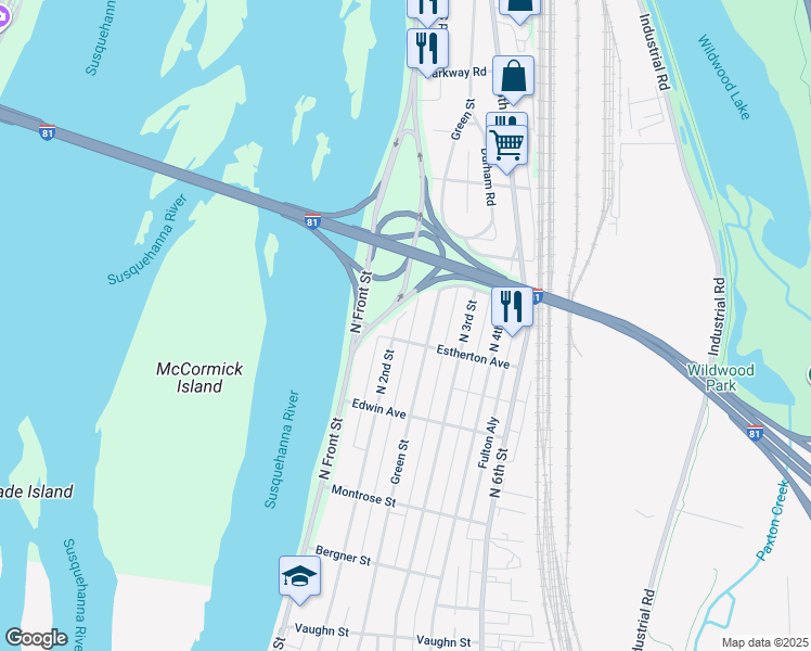 map of restaurants, bars, coffee shops, grocery stores, and more near 3707 North 2nd Street in Harrisburg