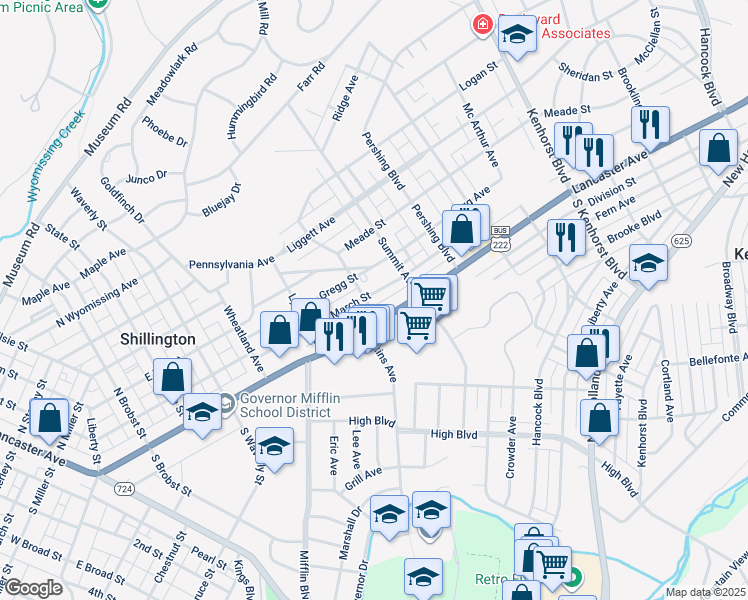 map of restaurants, bars, coffee shops, grocery stores, and more near 602 March Street in Shillington