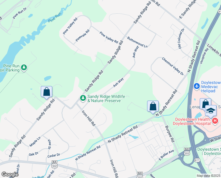 map of restaurants, bars, coffee shops, grocery stores, and more near 162 Ash Way in Doylestown